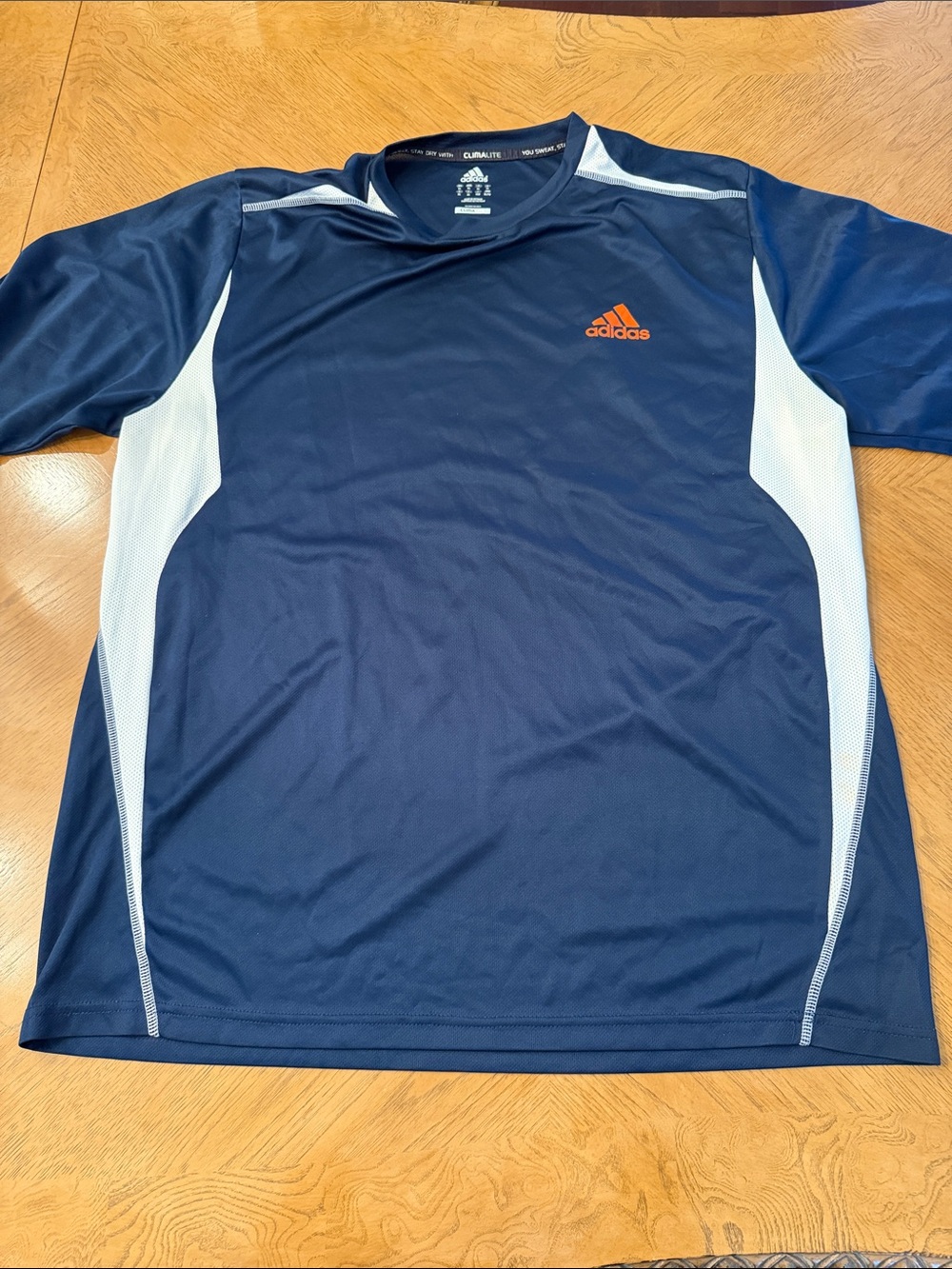 adidas Climalite Navy and White Short-Sleeve Athletic Shirt with Orange Logo XL